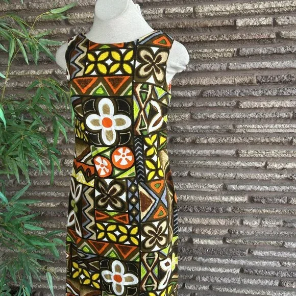 Pomare Tahiti Colorful Hawaiian Tribal Barkcloth Sleeveless Maxi Dress